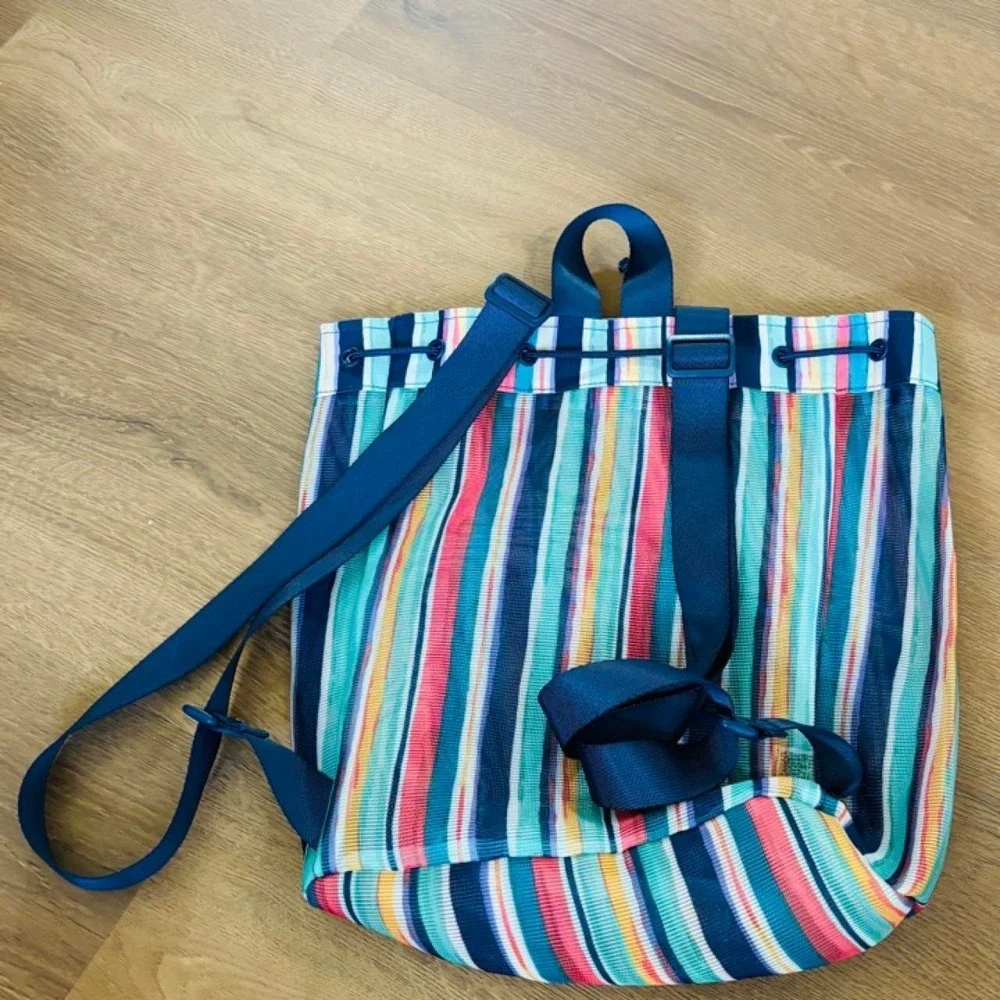 Vera Bradley Mesh Drawstring Backpack Multi Color Striped Beach Gym Bag